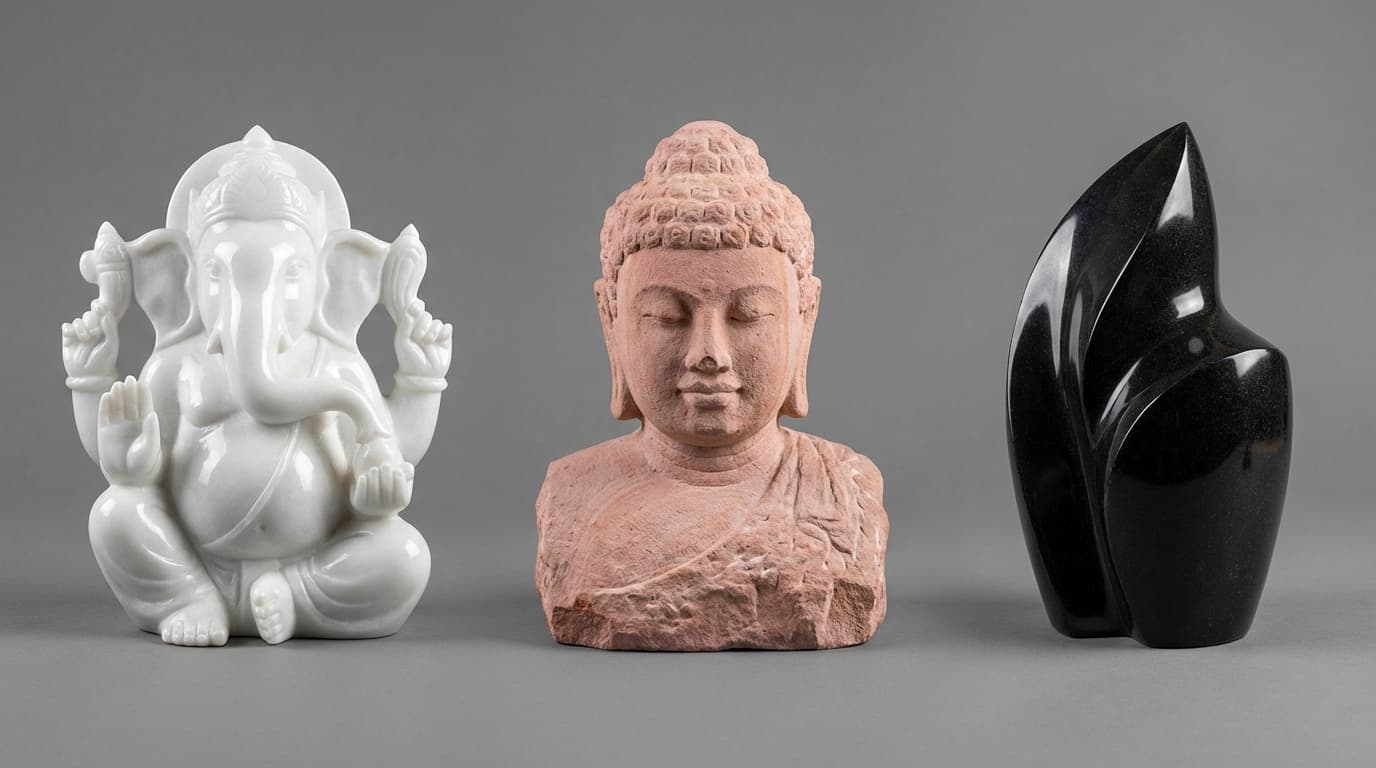 Comparing white marble, sandstone, and black stone sculptures