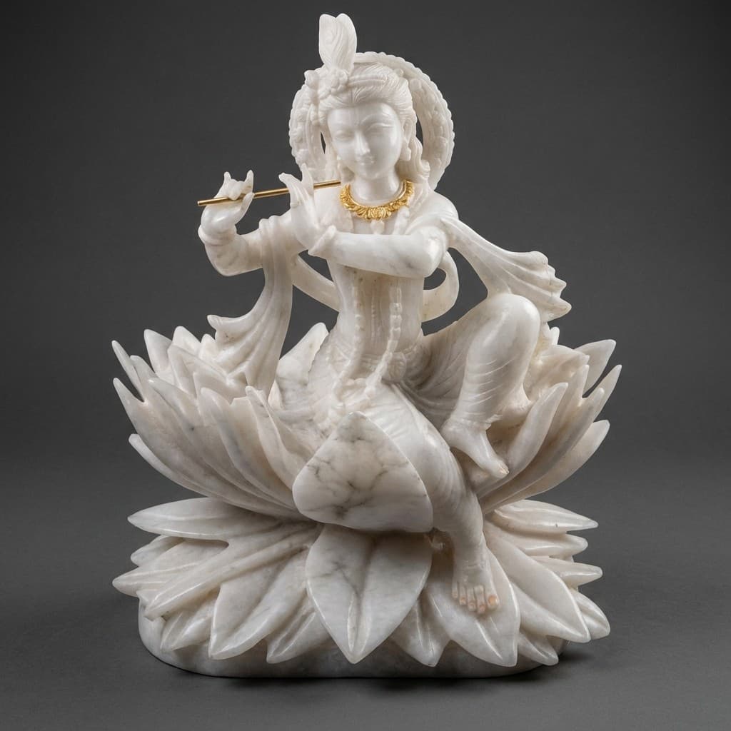 Hand-Carved Lord Krishna Stone Sculpture Seated on Lotus Bloom