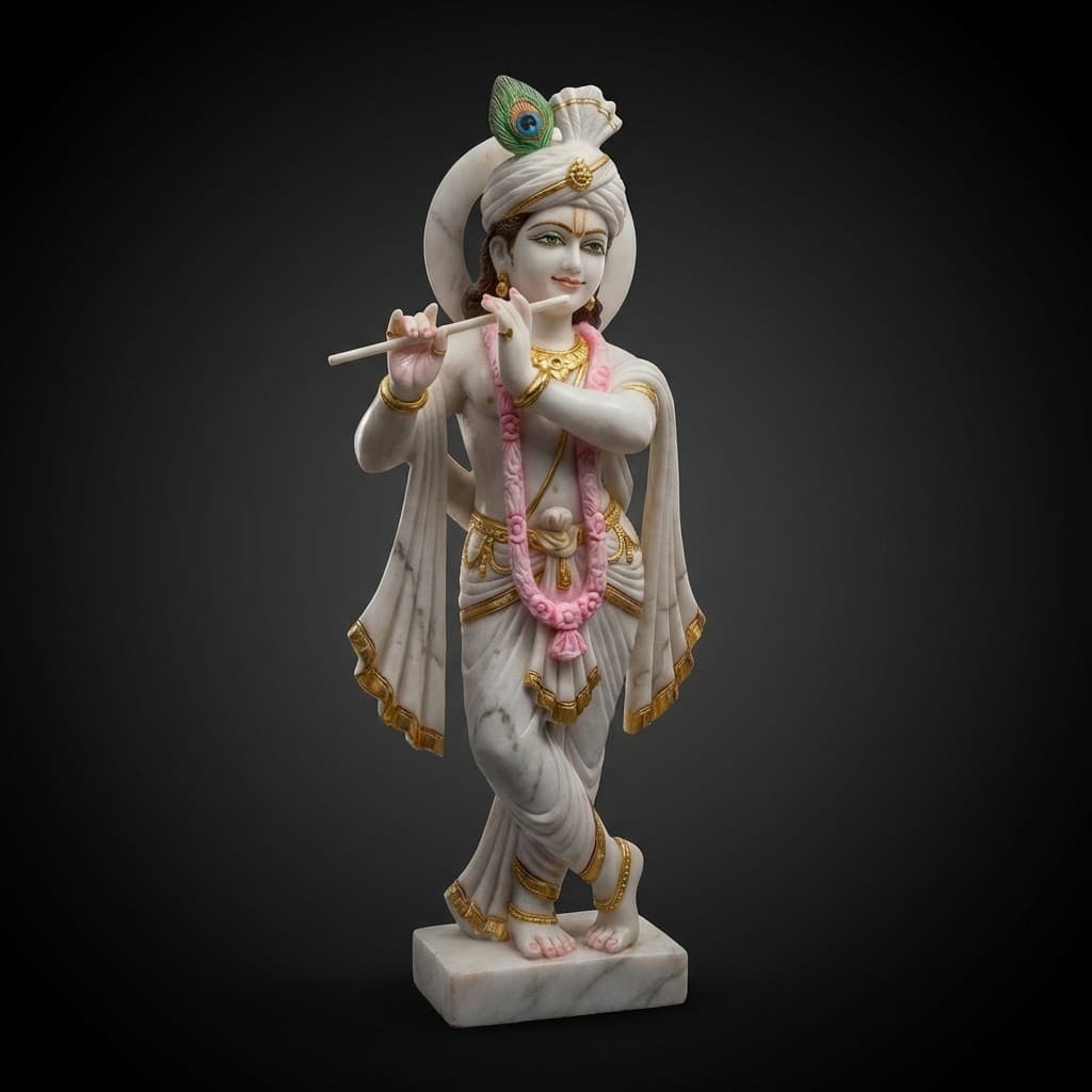Artisan-Crafted Lord Krishna Playing Flute Stone Sculpture