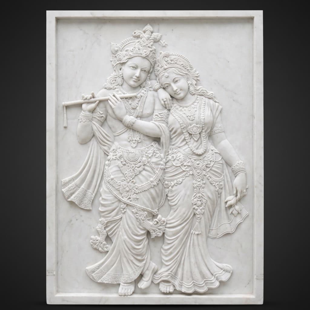 Hand-Carved Radha Krishna Divine Love Stone Wall Mural
