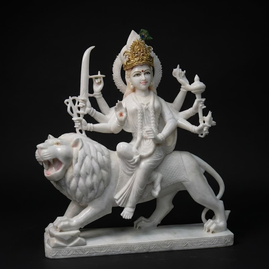 Exquisite Hand-Carved Durga Maa Stone Statue with Lion