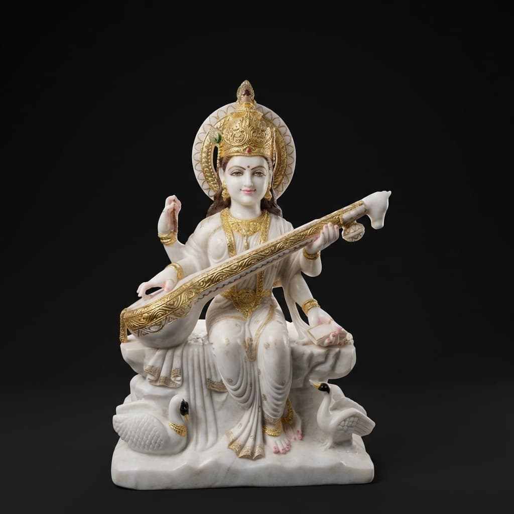 Exquisite Hand-Carved Goddess Saraswati Stone Sculpture