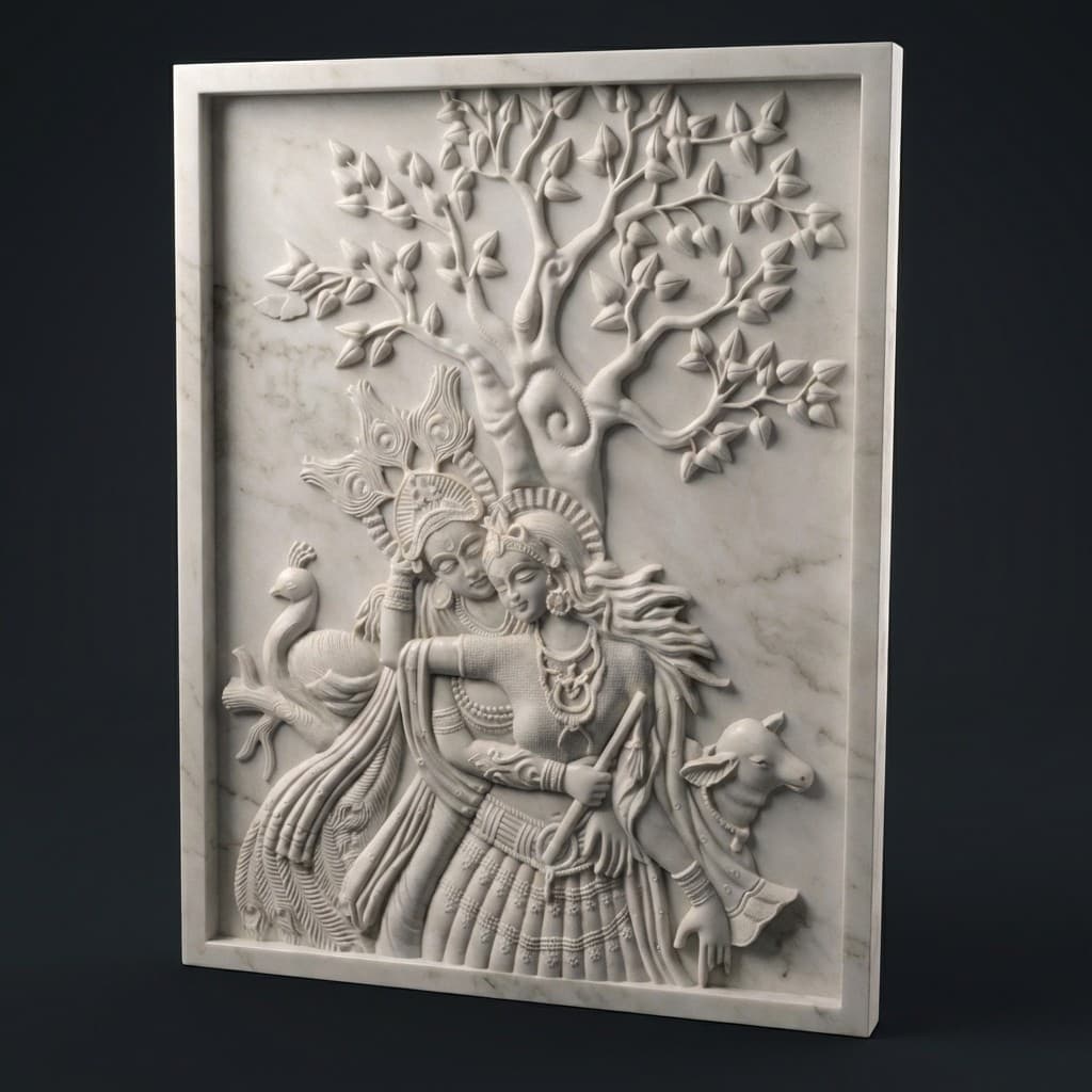 Exquisite Hand-Carved Radha Krishna Divine Stone Wall Mural