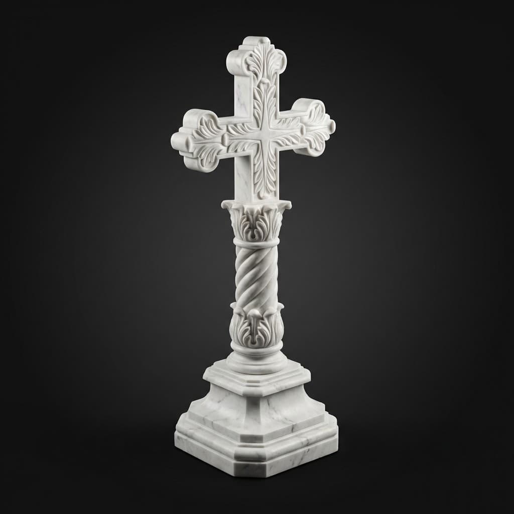 Hand-Carved Ornate Stone Cross with Pedestal