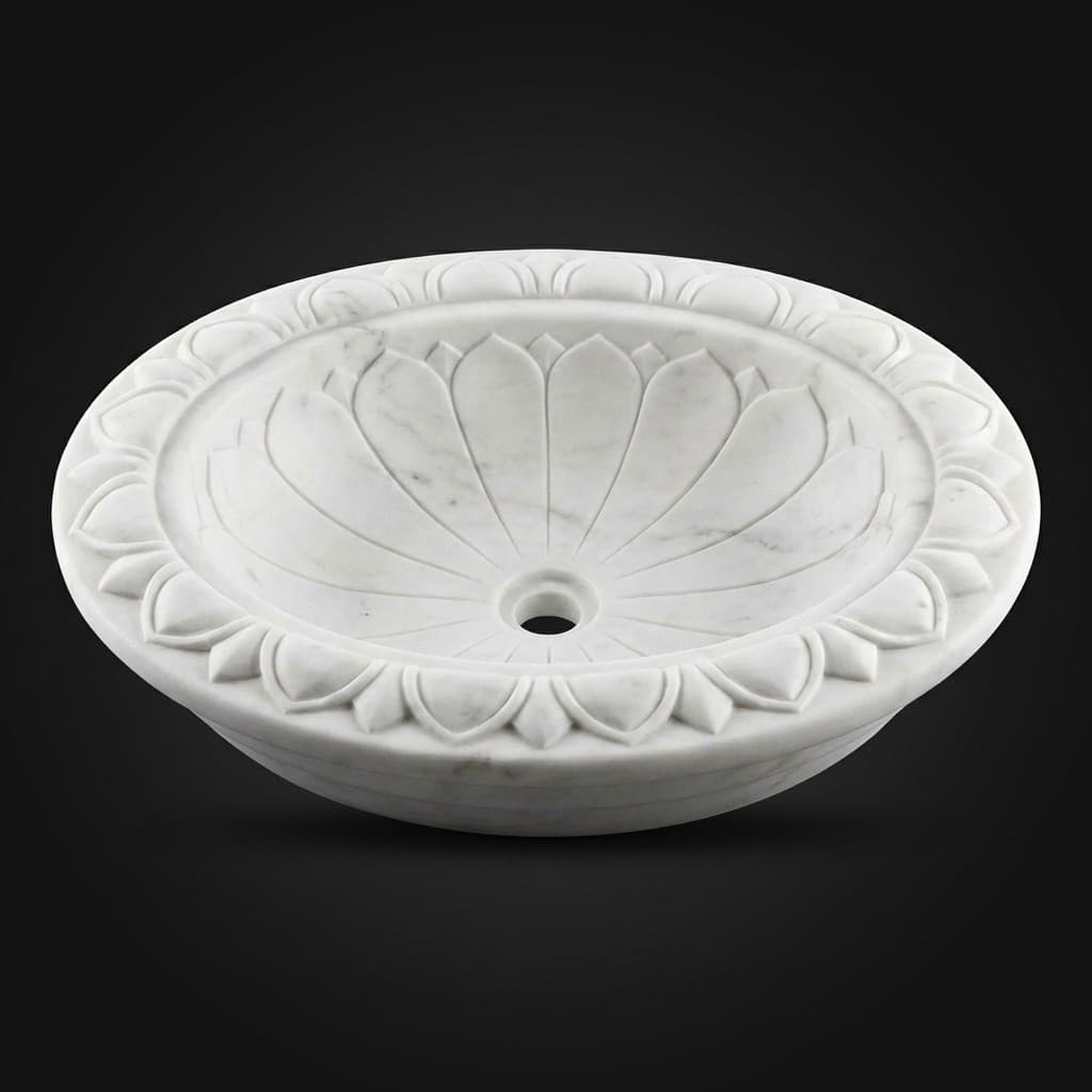 Artisan Hand-Carved Oval Stone Sink with Ribbed Leaf Motif