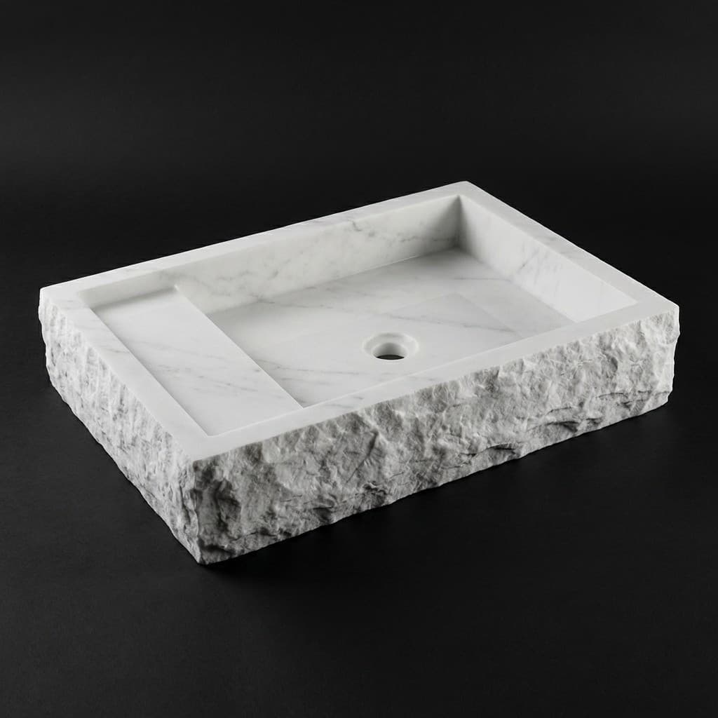 Artisan Crafted Rectangular Stone Wash Basin with Textured Exterior