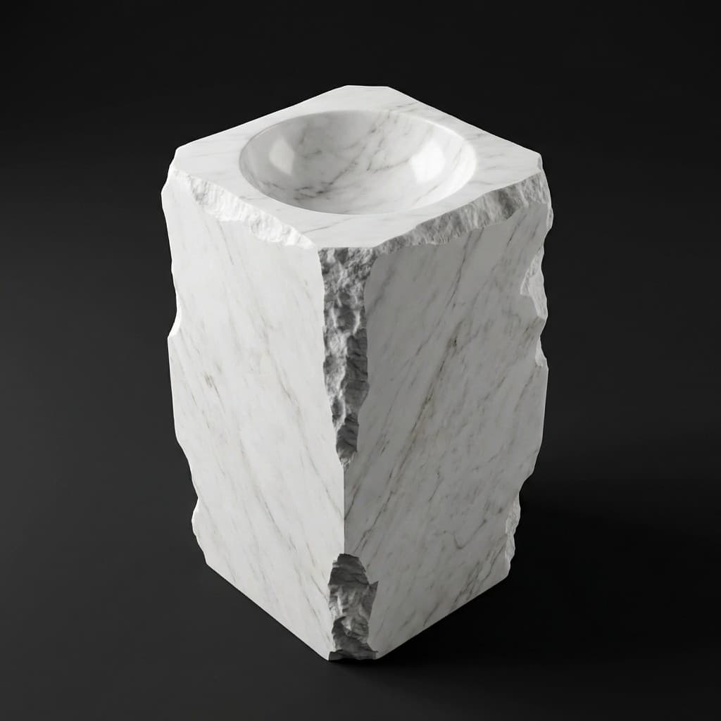 Artisan Hand-Carved Pedestal Stone Washbasin with Natural Chiseled Edge