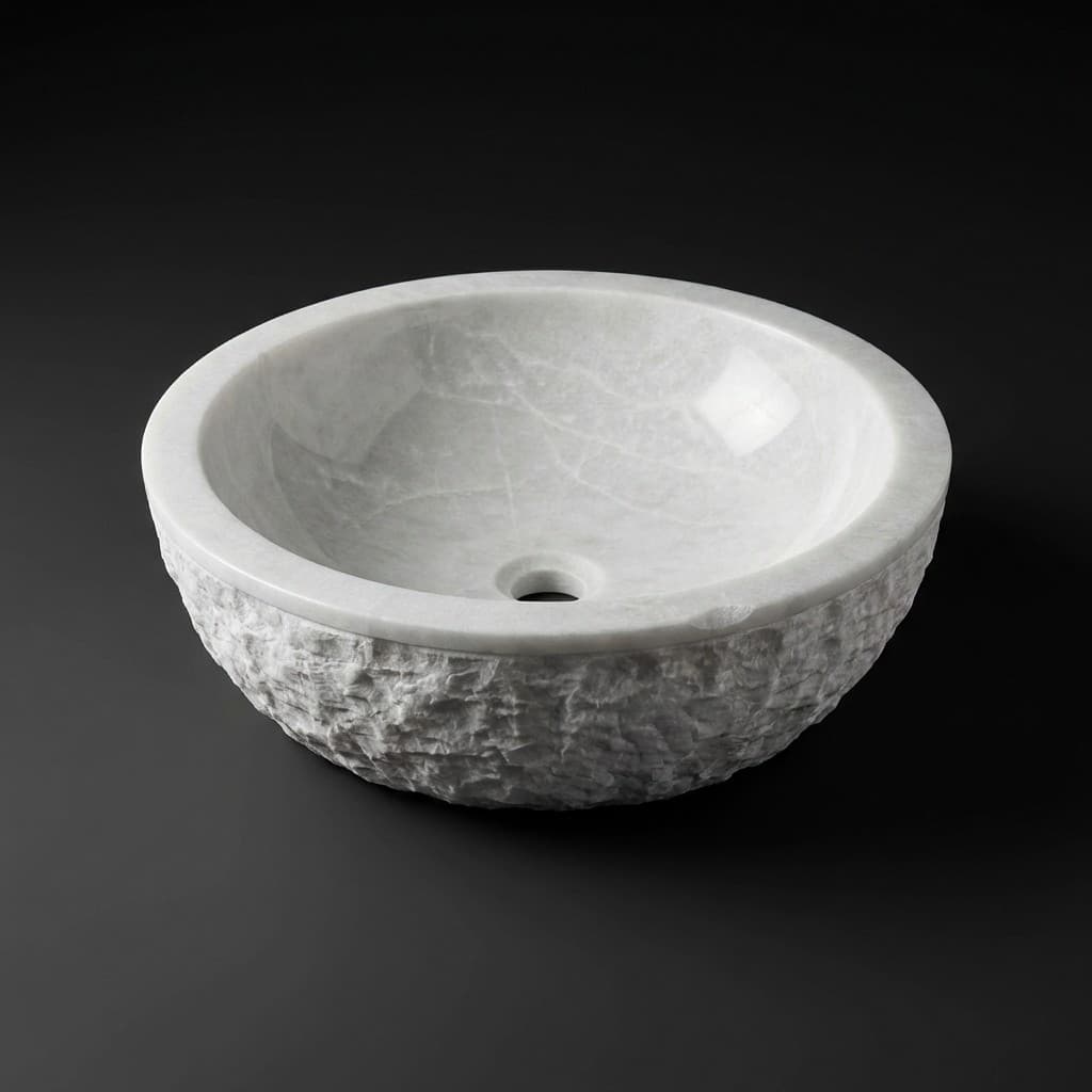 Artisan Hand-Carved Round Stone Vessel Sink with Textured Exterior