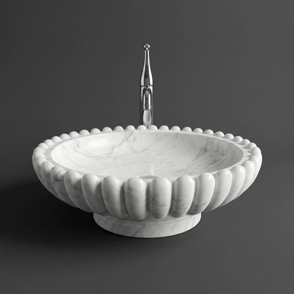 Artisan Fluted Edge Hand-Carved Stone Basin