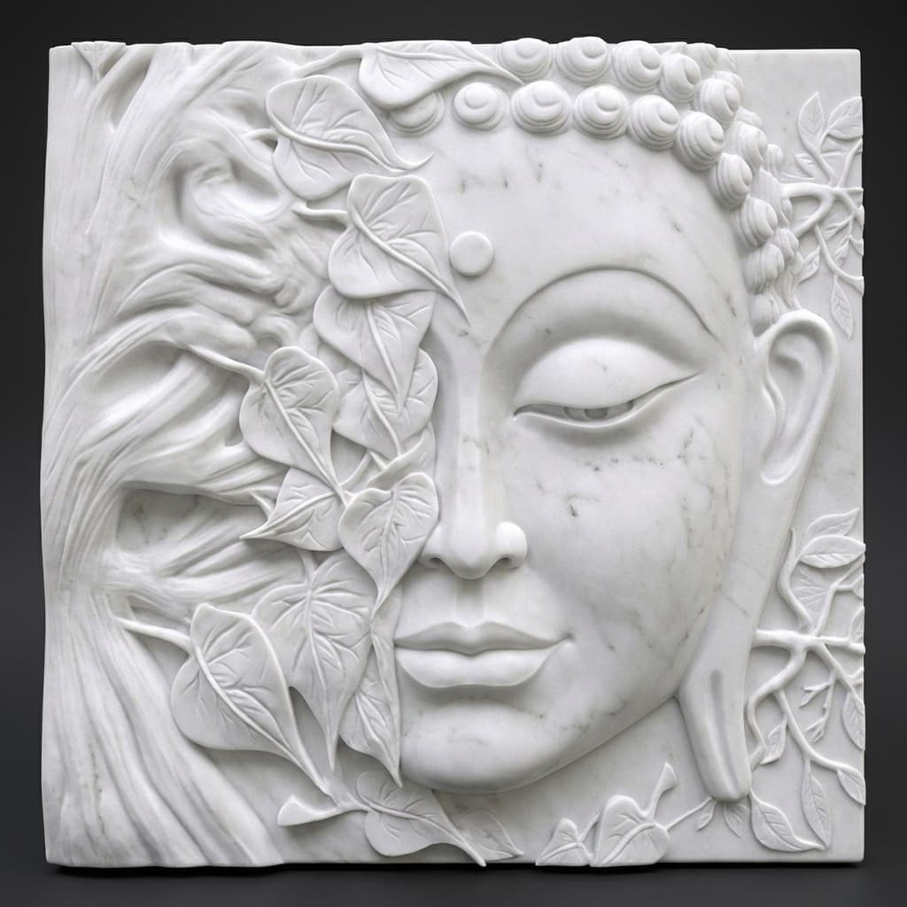 Exquisite Hand-Carved Half Face Buddha & Bodhi Tree Stone Wall Mural