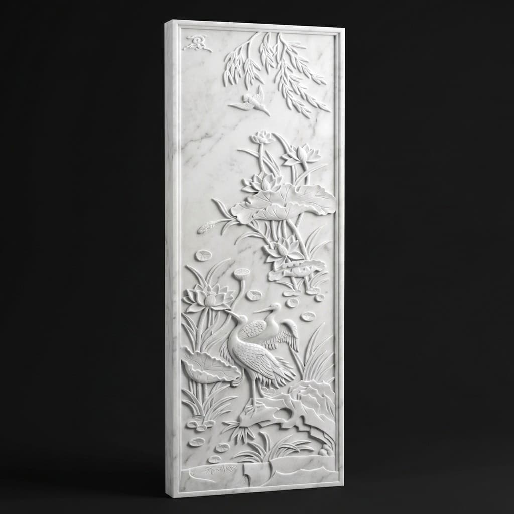 Artisan Hand-Carved Bird and Blooming Floral Vine Stone Wall Panel