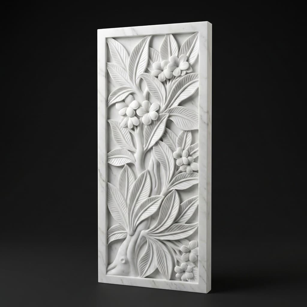 Exquisite Hand-Carved Vertical Floral Leaf Stone Wall Relief Mural