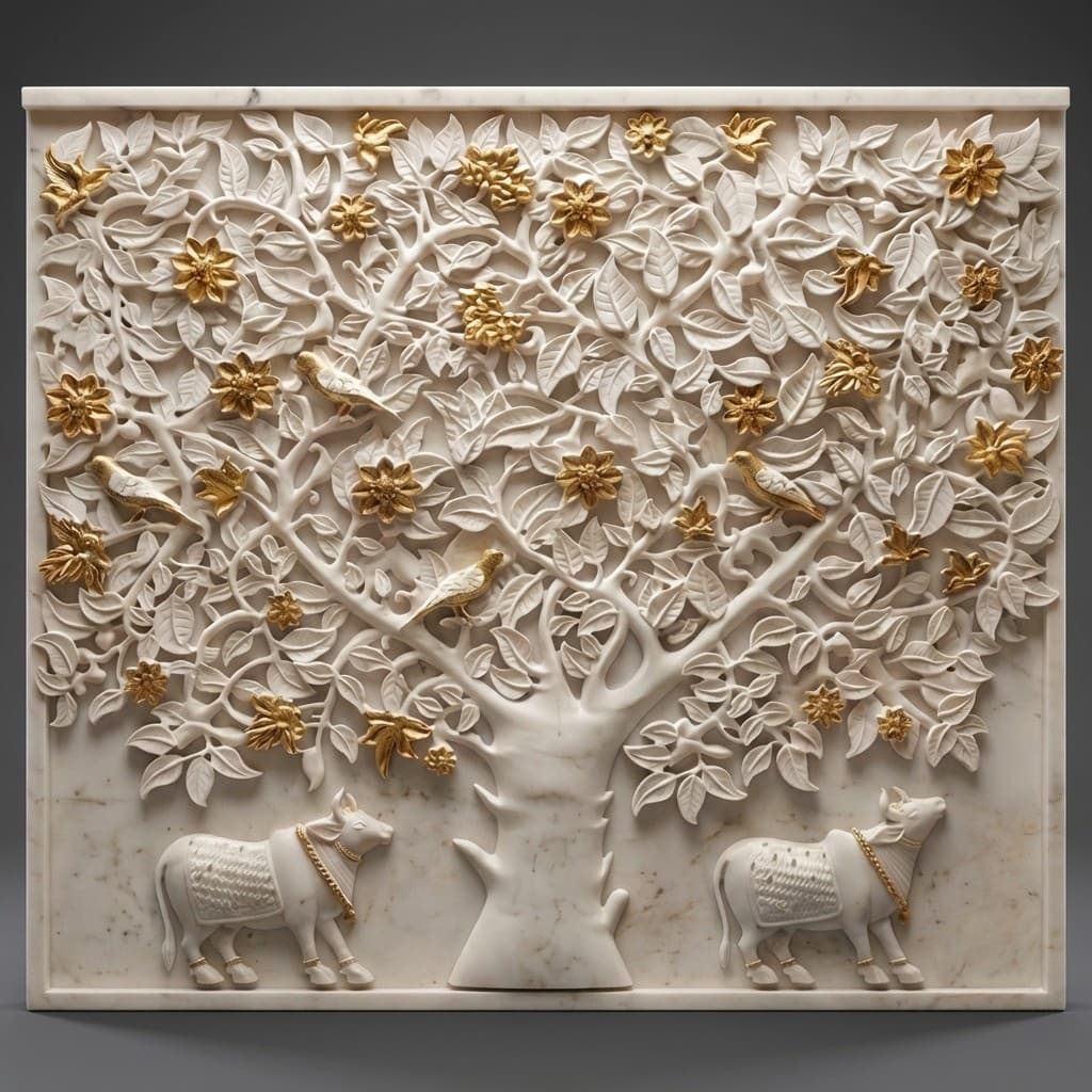 Exquisite Hand-Carved Tree of Life Stone Wall Mural with Sacred Cows
