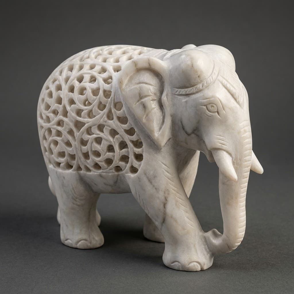 Artisan Hand-Carved Lattice Stone Elephant Sculpture
