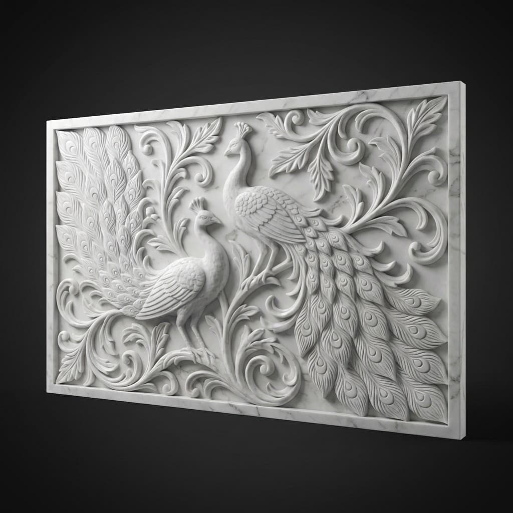 Majestic Hand-Carved Peacock Relief Stone Wall Mural