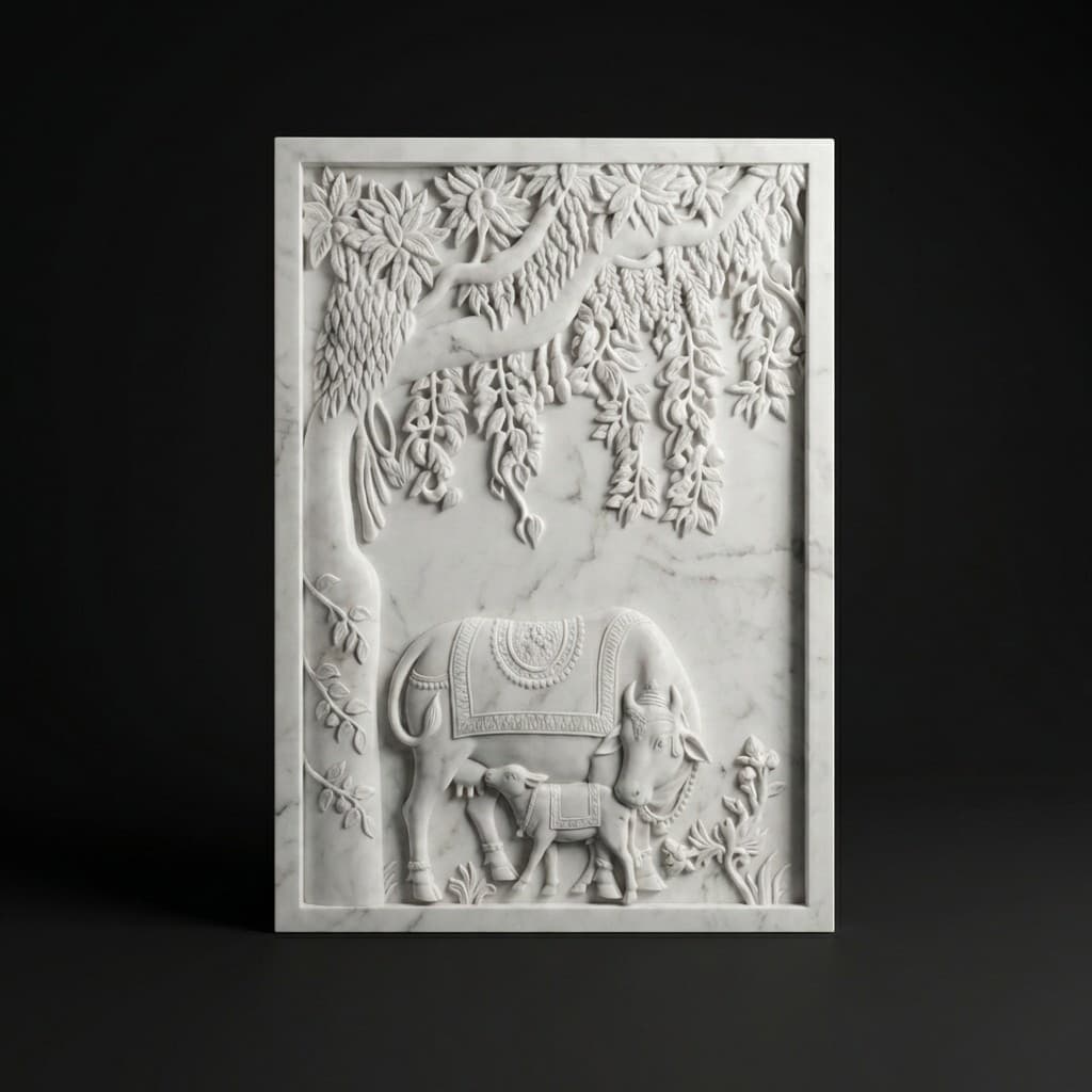 Exquisite Hand-Carved Cow and Calf 3D Stone Wall Mural - hero-light