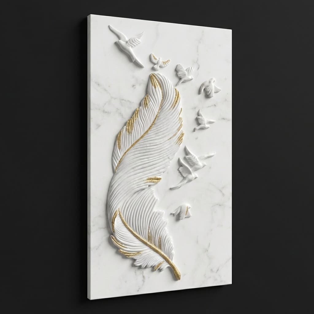 Exquisite Handcrafted Textured Feather and Birds Stone Mural