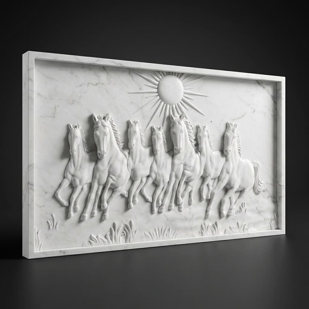 Hand-Carved Running Horses & Sun Stone Relief Wall Mural