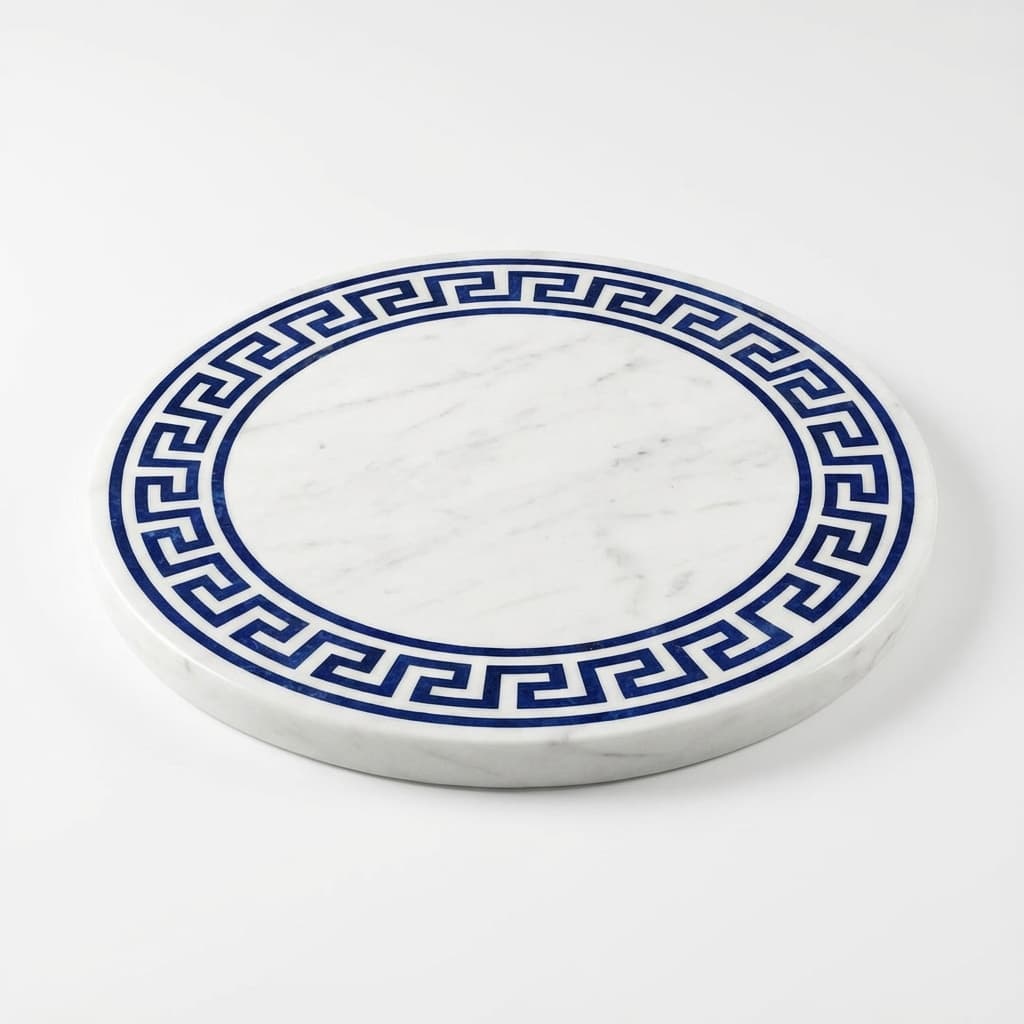 Artisan Hand-Carved Round Stone Tabletop with Inlay Border