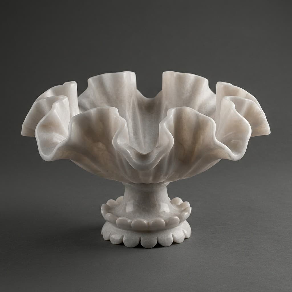 Exquisite Artisan Hand-Carved Ruffle Stone Urli and Pedestal Bowl