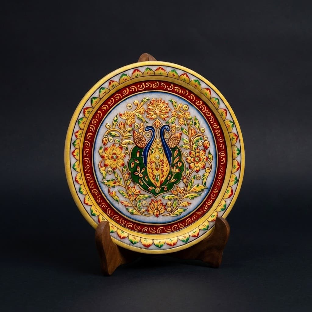 Artisan Hand-Painted Peacock Motif Stone Decorative Plate with Stand
