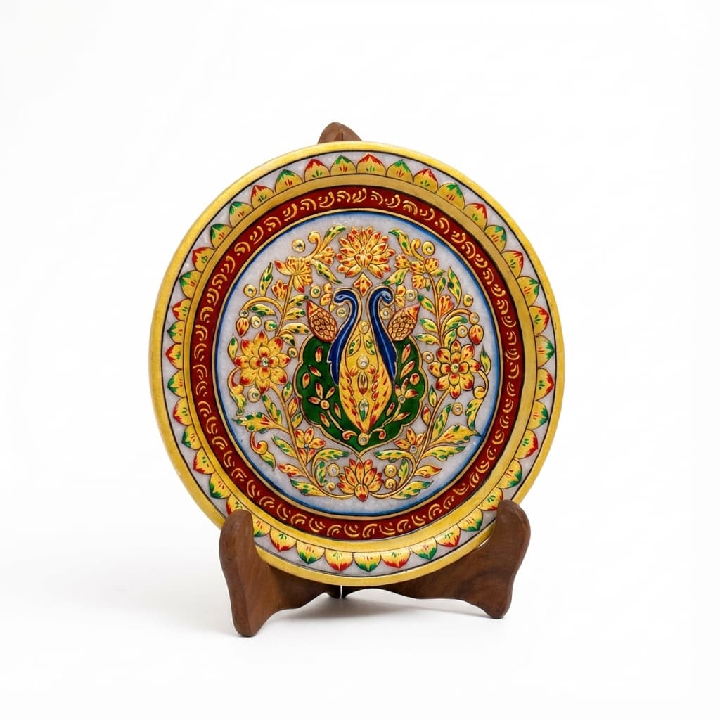 Artisan Hand-Painted Peacock Motif Stone Decorative Plate with Stand