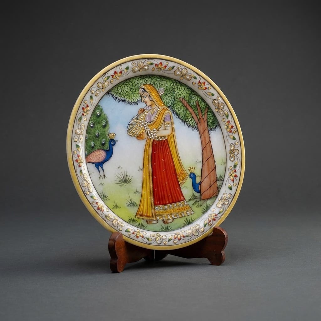 Artisan Hand-Painted Ragini Stone Decorative Plate with Stand - hero-light