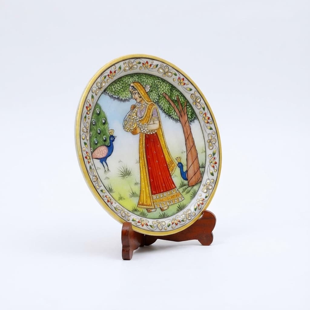Artisan Hand-Painted Ragini Stone Decorative Plate with Stand