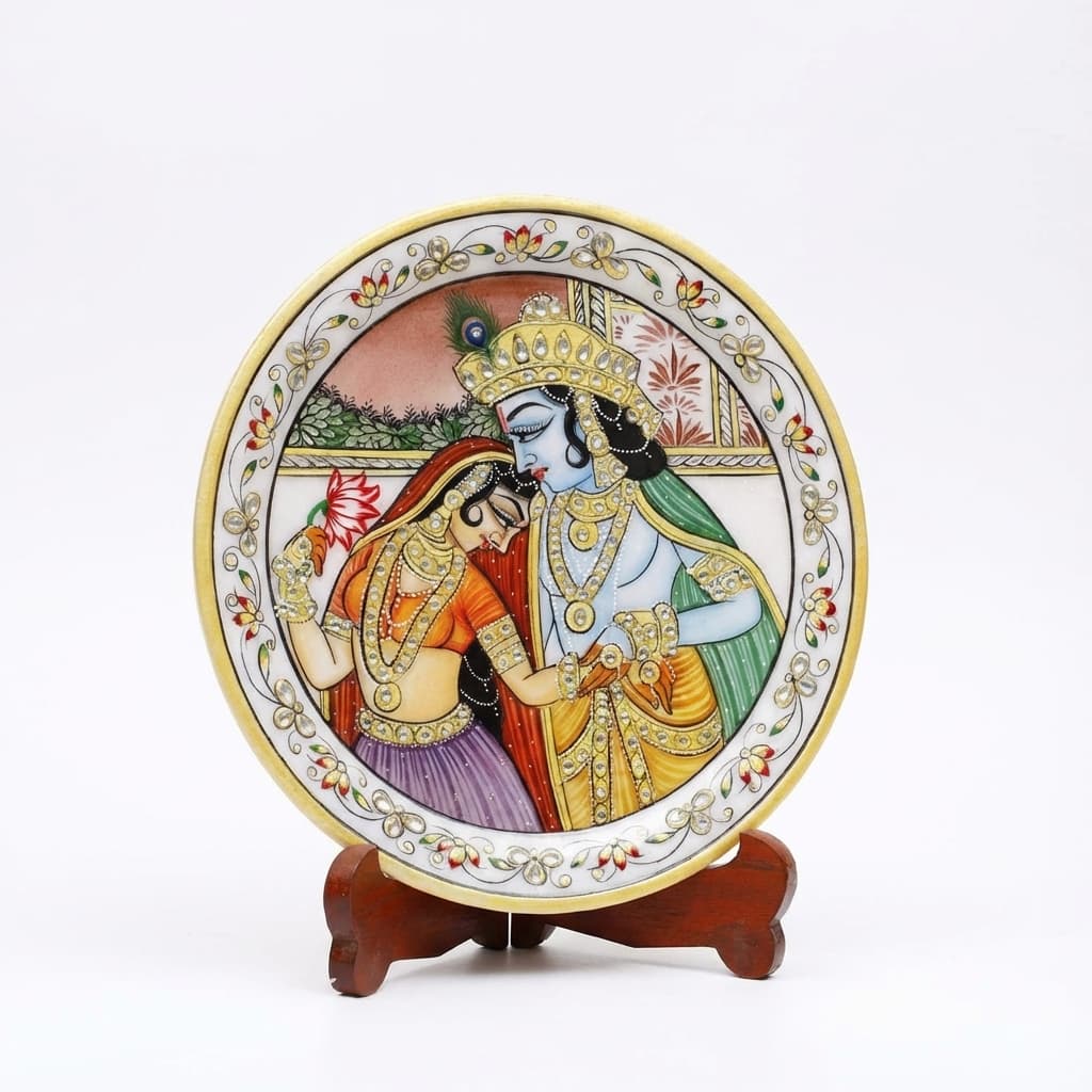 Artisan Hand-Painted Radha Krishna Devotional Stone Art Plate with Stand