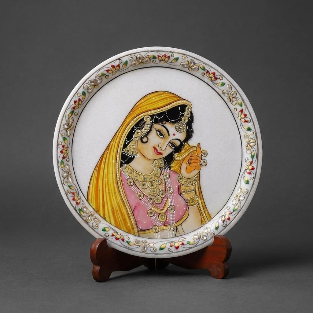 Artisan Hand-Painted Ragini Stone Decorative Plate with Stand