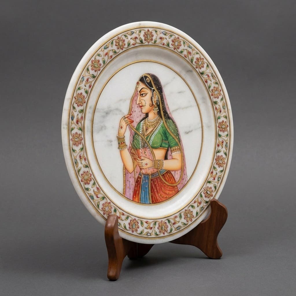 Artisan Hand-Painted Ragini Stone Decorative Plate with Wooden Stand