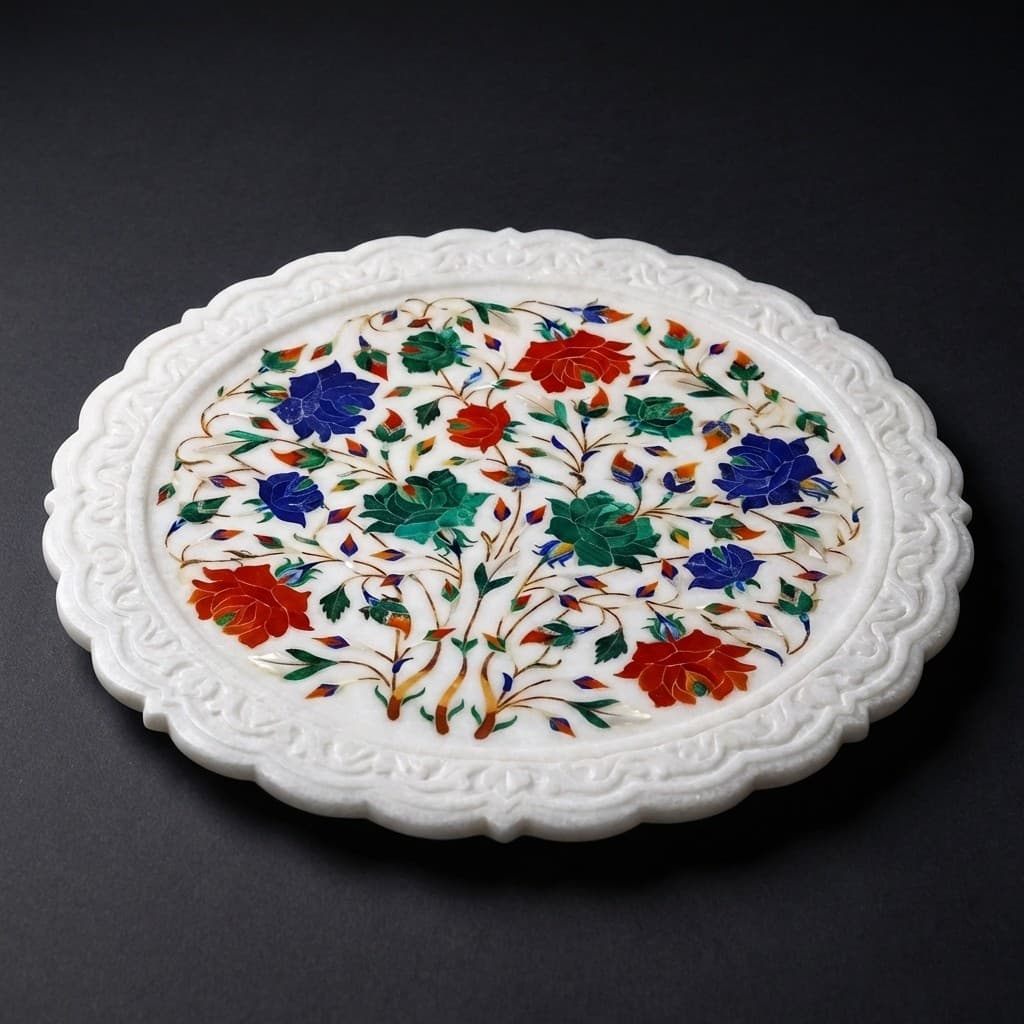 Handcrafted Floral Inlay Artisan Stone Platter