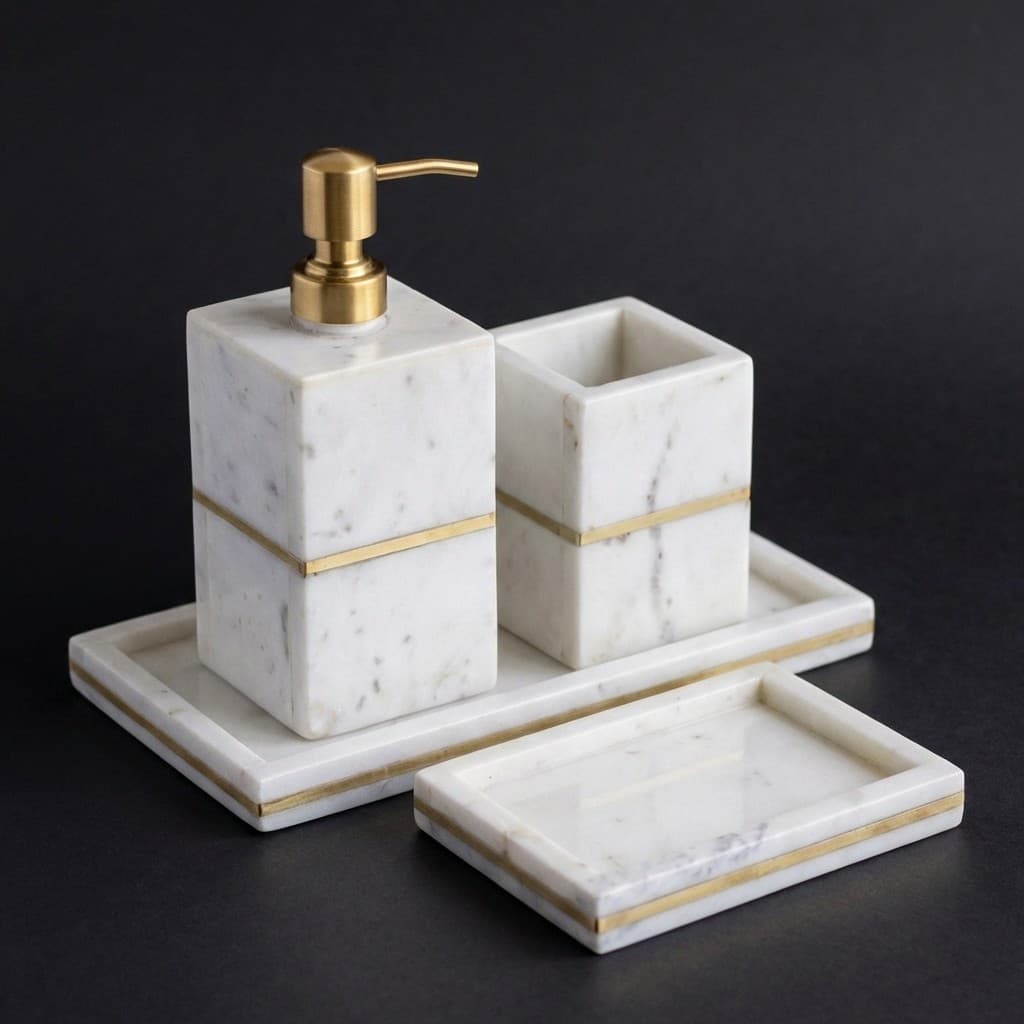 Exquisite Handcrafted Stone Bathroom Accessory Set with Artisanal Inlay