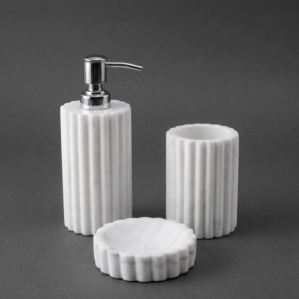 Handcrafted Fluted Stone Bathroom Accessories Set