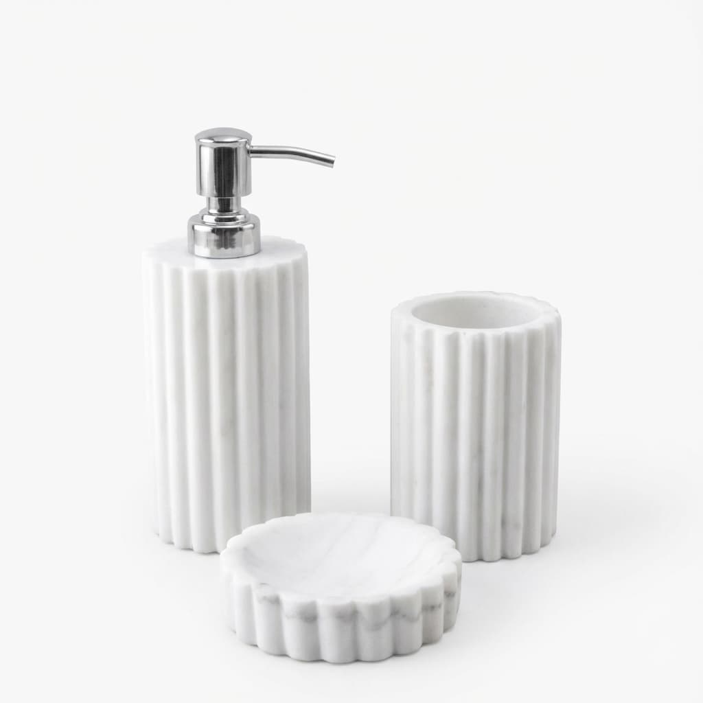 Handcrafted Fluted Stone Bathroom Accessories Set