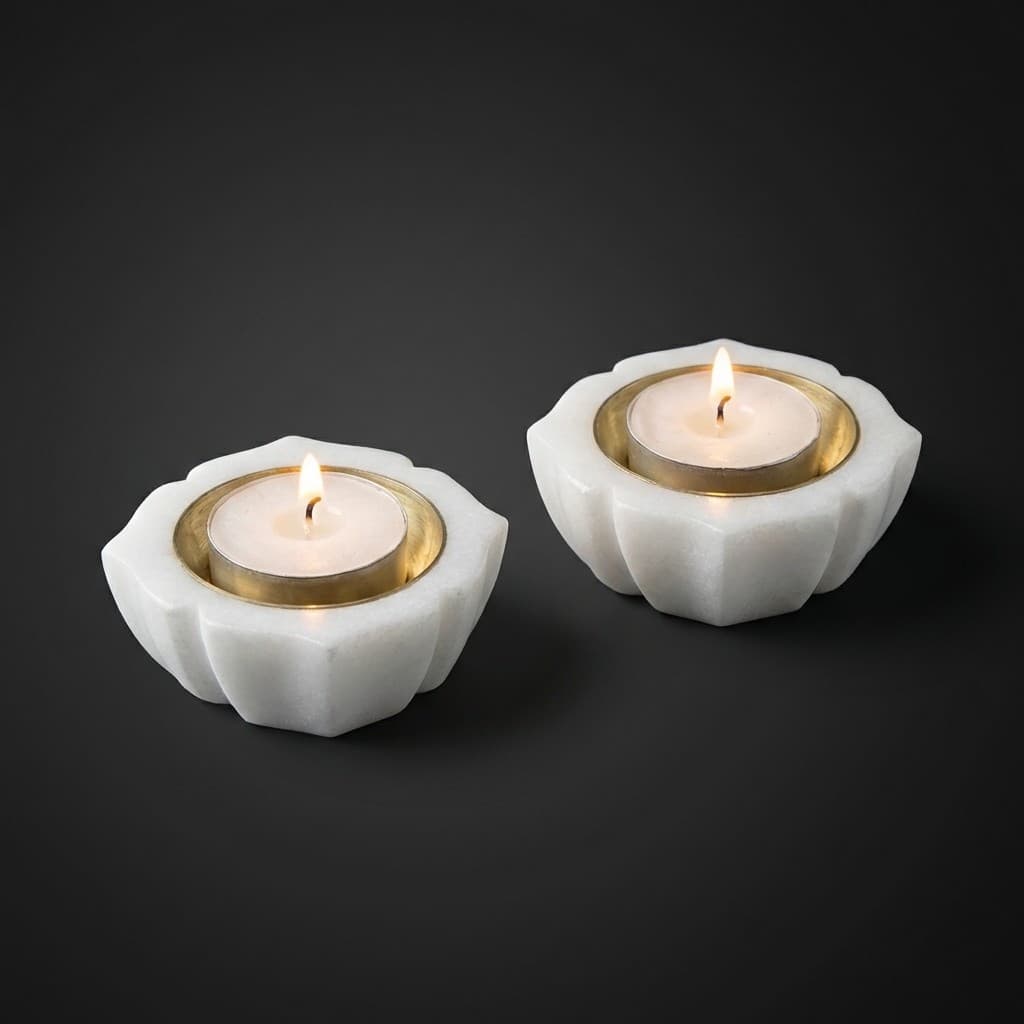 Hand-Carved Lotus Floral Stone Candle Holders (Set of 2)