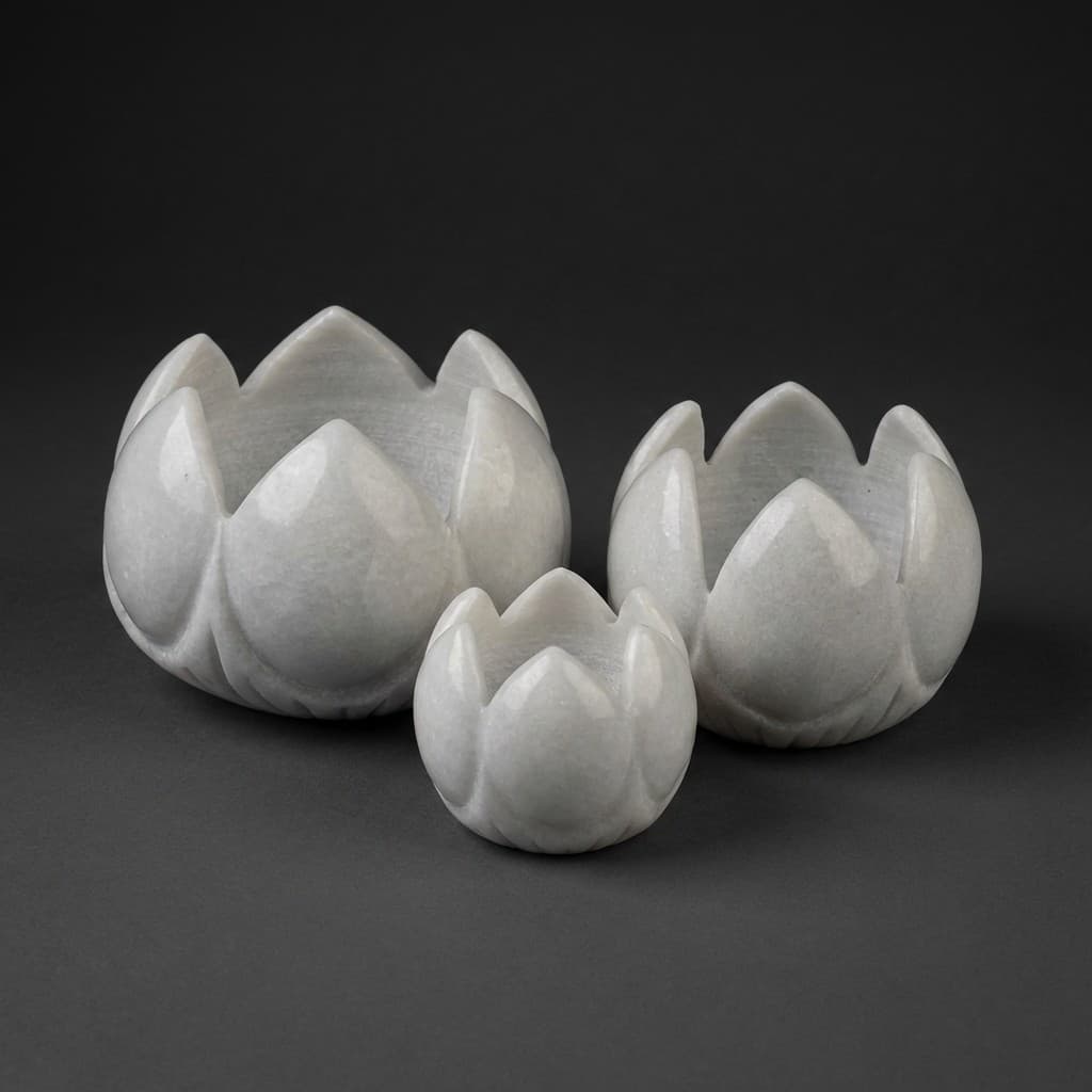 Hand-Carved Artisan Lotus Blossom Stone Candle Holder Set
