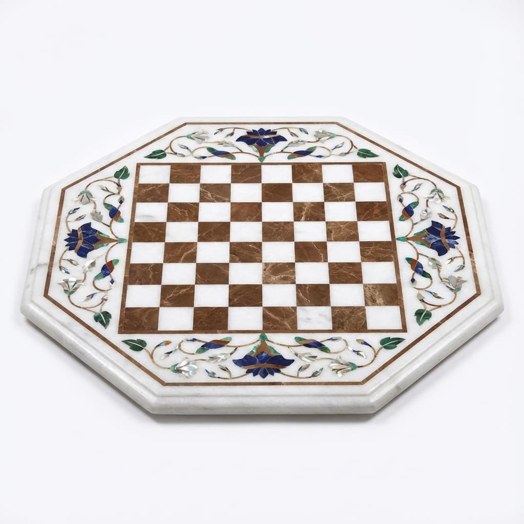 Artisan Hand-Inlaid Octagonal Stone Chess Board Table Top