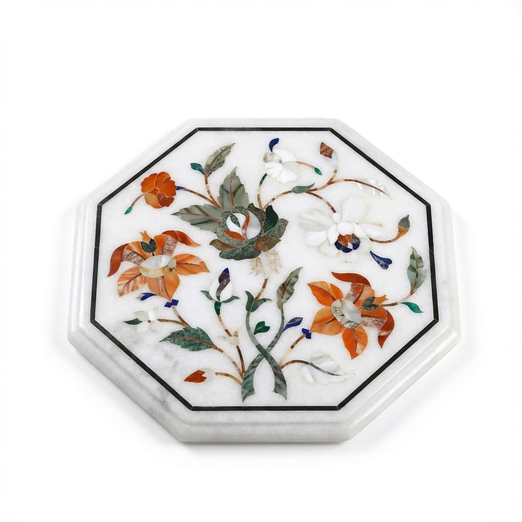 Exquisite Handcrafted Floral Inlay Stone Side Table Top