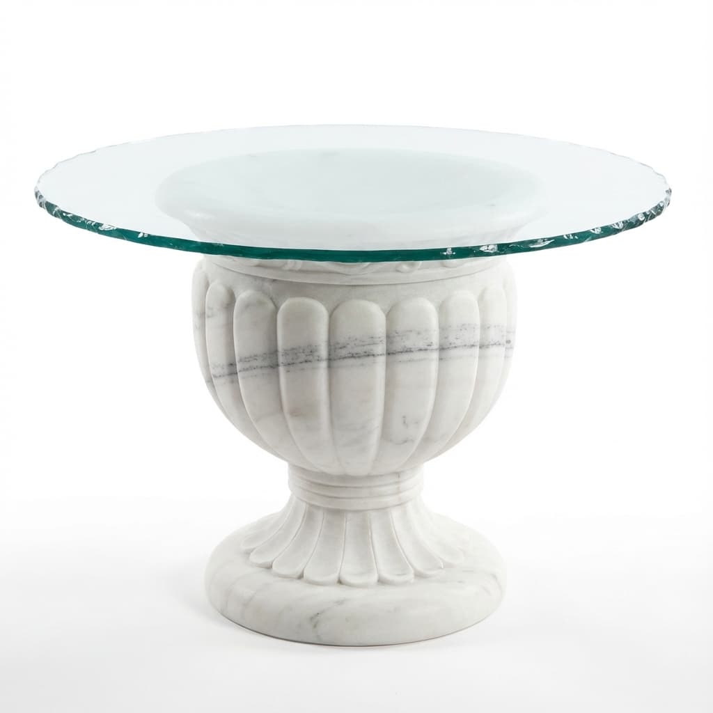Hand-Carved Fluted Urn Stone Side Table with Polished Glass Top